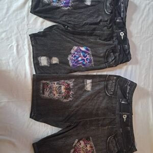 SHEIN Black Distressed Athletic Shorts with Colorful Floral Patches